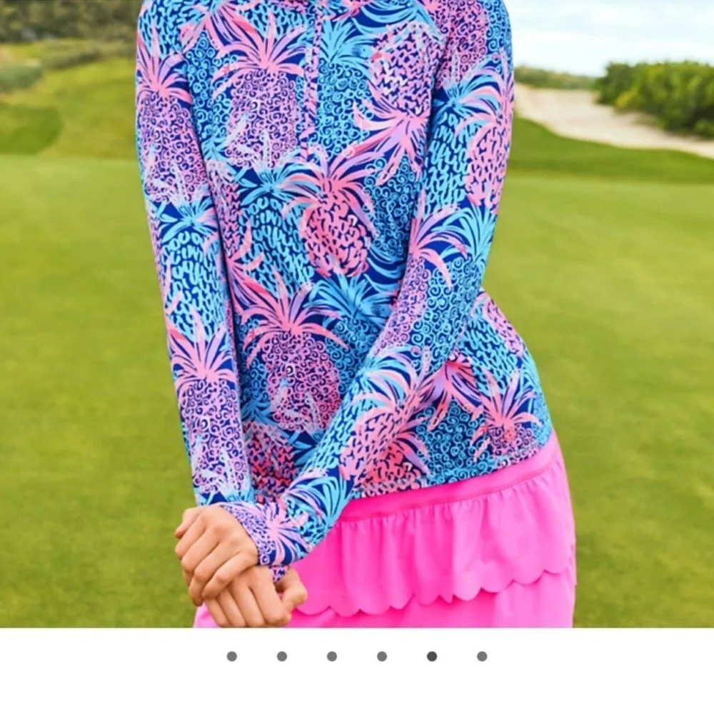 Lilly Pulitzer Luxletic Marion Mesh panel Half Zip Borealis blue tropic down low - Picture 2 of 11